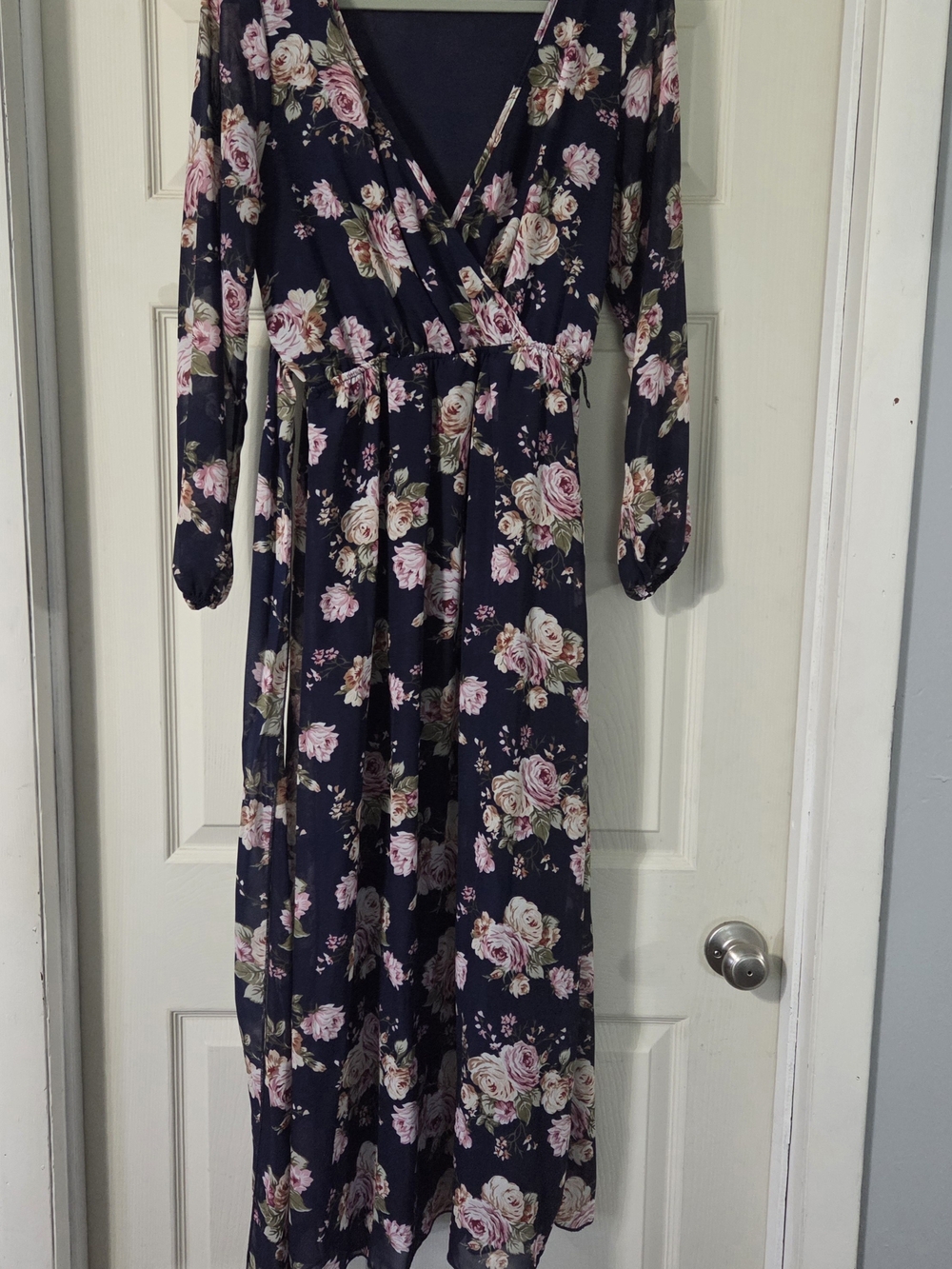 Club Soda Navy Blue Floral Long Sleeve Faux Wrap Maxi Dress